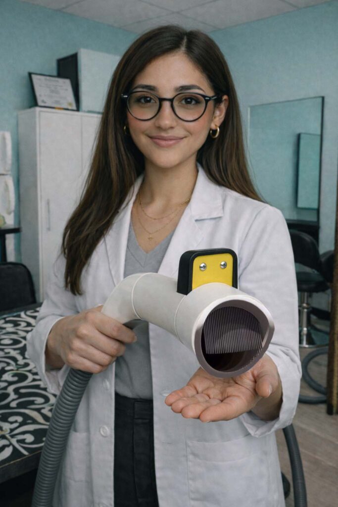 Femme en blouse tenant un appareil.